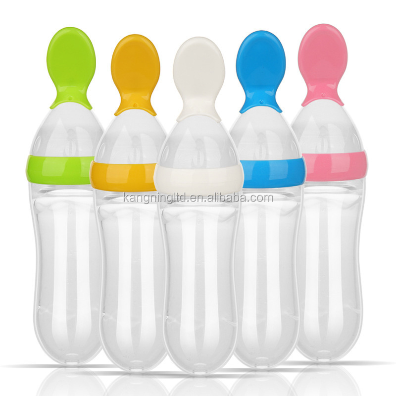 100% Food Grade Silicone+ PP Silicone baby feeding bottle with spoon