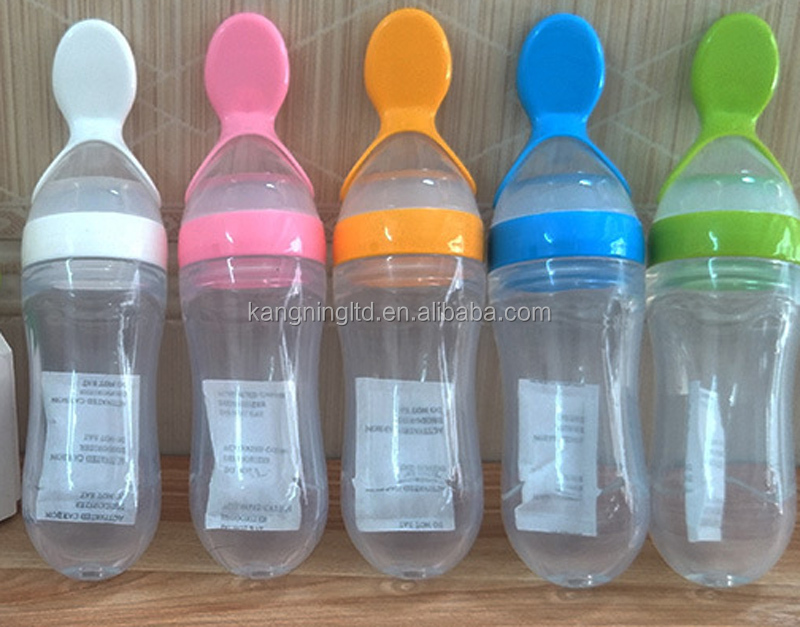 100% Food Grade Silicone+ PP Silicone baby feeding bottle with spoon